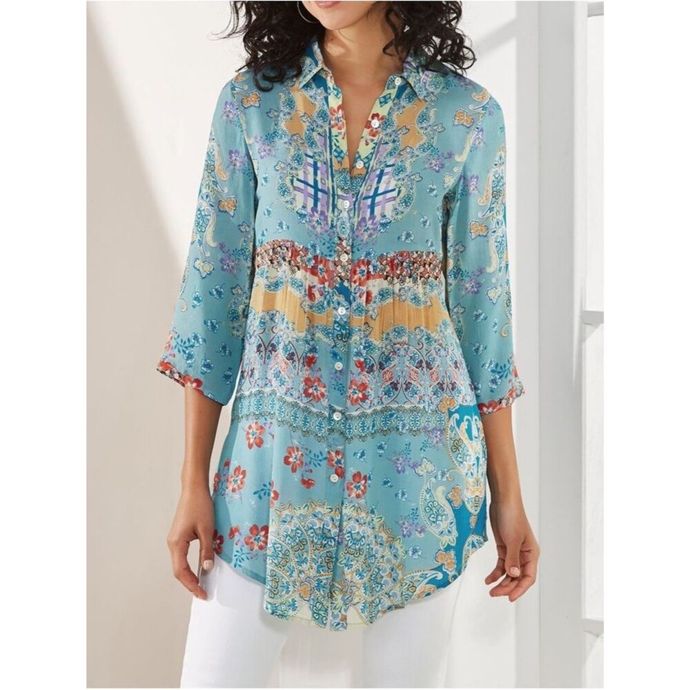 Soft Surroundings Mixed Print Tunic Medium Boho Sheer Empire Festival Top
